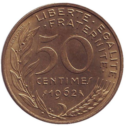 Монета 50 сантимов. 1962 год, Франция. (3 складки на воротнике).