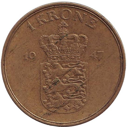 Монета 1 крона. 1947 год, Дания. Фредерик IX