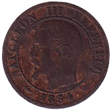 Монета 1 сантим. 1854 год (A), Франция. Наполеон III.