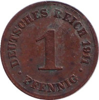 Монета 1 пфенниг. 1911 год (D), Германская империя.