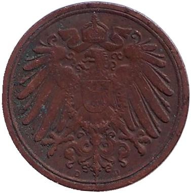Монета 1 пфенниг. 1911 год (D), Германская империя. Монета 1 пфенниг. 1911 год (D), Германская империя.