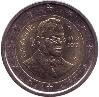 200 лет со дня рождения Камилло Кавура. Монета 2 евро, 2010 год, Италия.