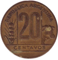 Монета 20 сентаво. 1945 год, Аргентина. 