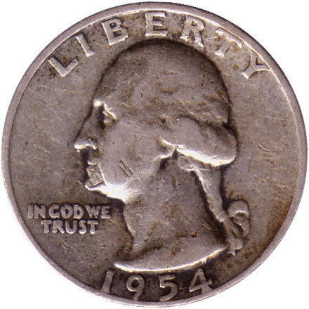 Монета 25 центов. 1954 год, США. (Отметка монетного двора: "D"). Вашингтон.