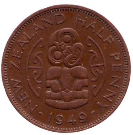 Монета 1/2 пенни, 1949 год, Новая Зеландия. Амулет-талисман Хей-Тики.