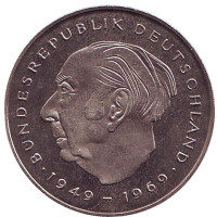 Теодор Хойс. Монета 2 марки. 1980 год (J), ФРГ. UNC.
