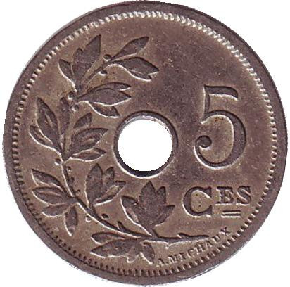Монета 5 сантимов. 1902 год, Бельгия. (Belgique) 