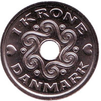 Монета 1 крона. 2016 год, Дания.