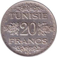 Монета 20 франков. 1934 год, Тунис. (Новый тип). Монета 20 франков. 1934 год, Тунис. (Новый тип).