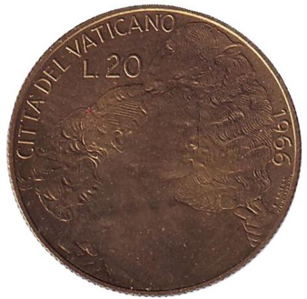 Монета 20 лир. 1966 год, Ватикан. Шепард с овцой на плечах. Папа Павел VI.