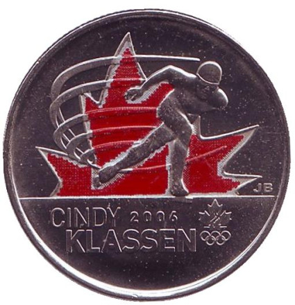 Монета 25 центов. 2009 год, Канада. (Цветная) Синди Классен. Конькобежный спорт.