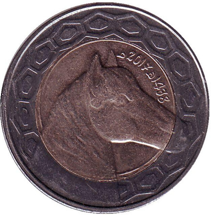 Монета 100 динаров. 2017 год, Алжир. Лошадь.