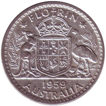 Монета 2 шиллинга (флорин). 1959 год, Австралия.