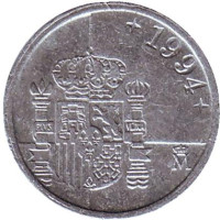 Монета 1 песета. 1994 год, Испания.