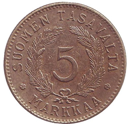 Монета 5 марок. 1928 год, Финляндия. Редкая. Тип 2.