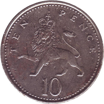 Монета 10 пенсов. 2002 год, Великобритания. Лев.