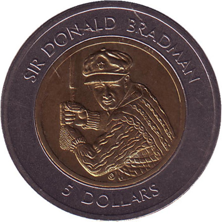 Монета 5 долларов. 1996 год, Австралия. Сэр Дональд Брэдмен.
