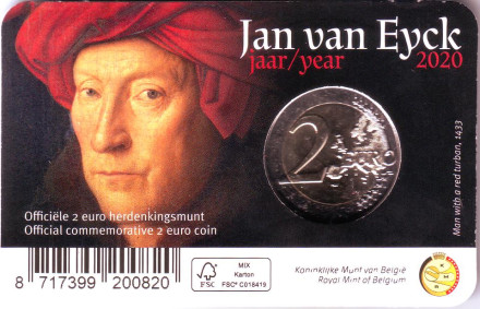 Монета 2 евро. 2020 год, Бельгия. (Надпись: Belgie). 630 лет со дня рождения Яна ван Эйка.
