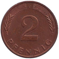 Дубовые листья. Монета 2 пфеннига. 1977 год (D), ФРГ. 