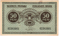 Банкнота 50 пенни. 1918 год, Финляндия. Банкнота 50 пенни. 1918 год, Финляндия.