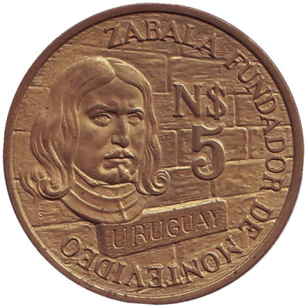 Монета 5 новых песо. 1976 год, Уругвай. 250 лет со дня основания Монтевидео.