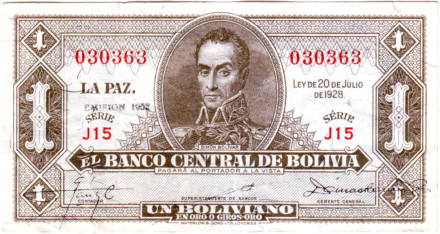 Банкнота 1 боливиано. 1928 год, Боливия. (Эмиссия 1952). Номер 128с(1). Симон Боливар.