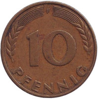 Дубовые листья. Монета 10 пфеннигов. 1967 год (F), ФРГ.