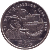 Сэр Уолтер Рэйли (1552-1618). Монета 1 крона, 1999 год, Остров Мэн.