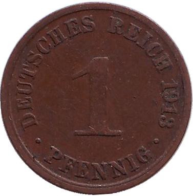 Монета 1 пфенниг. 1913 (А) год, Германская империя.