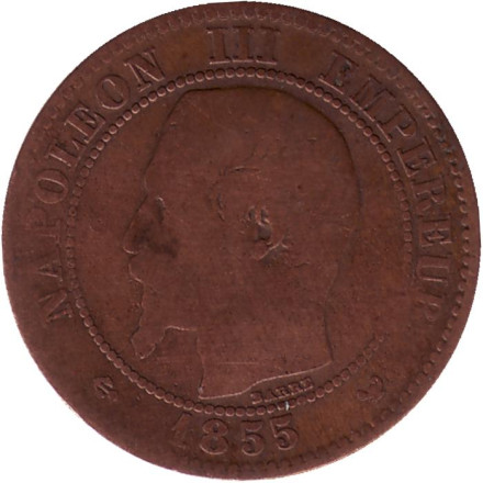 Монета 2 сантима. 1855 год (W), Франция. Наполеон III.
