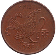 Монета 2 эре. 1972 год, Норвегия. (Из обращения) Курица. Монета 2 эре. 1972 год, Норвегия. (Из обращения) Курица.