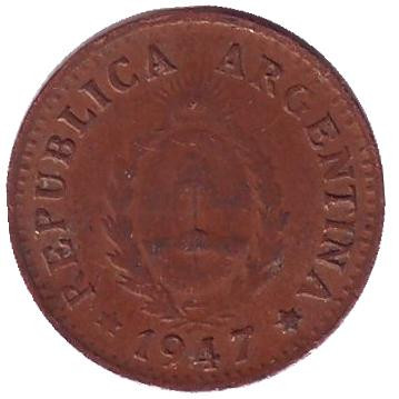 Монета 1 сентаво. 1947 год, Аргентина. Монета 1 сентаво. 1947 год, Аргентина.