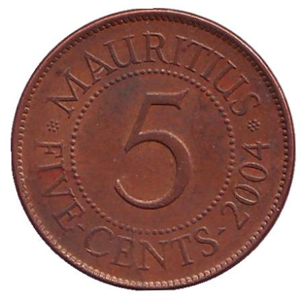 Монета 5 центов, 2004 год, Маврикий.