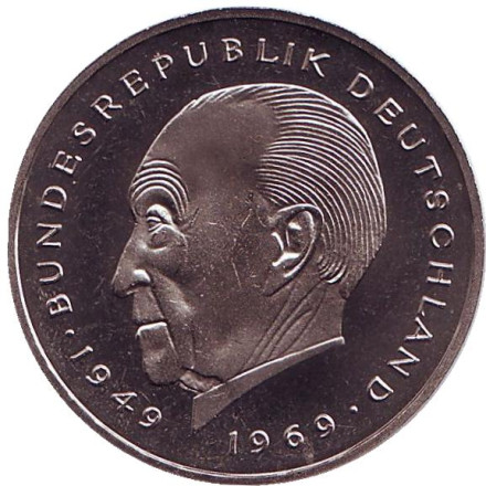 Монета 2 марки. 1980 год (J), ФРГ. UNC. Конрад Аденауэр.
