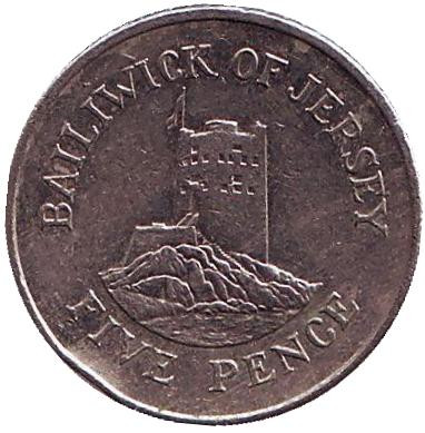 Монета 5 пенсов, 2008 год, Джерси. Башня Сеймура в Гровилле.