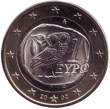 Монета 1 евро. 2002 год, Греция. (Отметка монетного двора: "S") Сова.