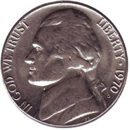 Монета 5 центов. 1970 год (D), США. Джефферсон. Монтичелло. Монета 5 центов. 1970 год (D), США. Джефферсон. Монтичелло.