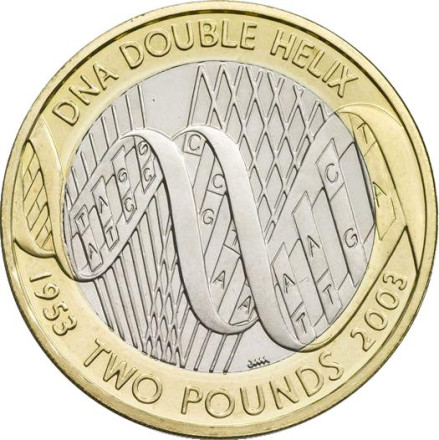 Монета 2 фунта. 2003 год, Великобритания. (в буклете) 50 лет открытия структуры ДНК.