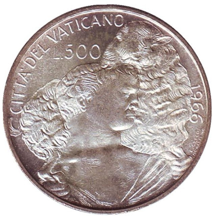 Монета 500 лир. 1966 год, Ватикан. Шепард с овцой на плечах. Папа Павел VI.