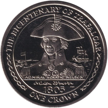Монета 1 крона. 2005 год, Остров Мэн. 200 лет Трафальгарскому сражению. Адмирал Горацио Нельсон.