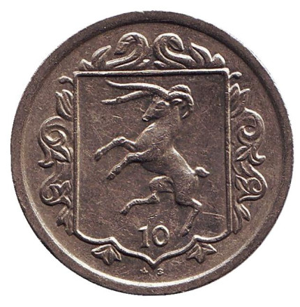 Монета 10 пенсов. 1984 год, Остров Мэн. (Отметка "AE"). Мэнский лохтан.