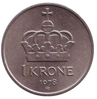 Монета 1 крона. 1978 год, Норвегия. Корона. Монета 1 крона. 1978 год, Норвегия. Корона.