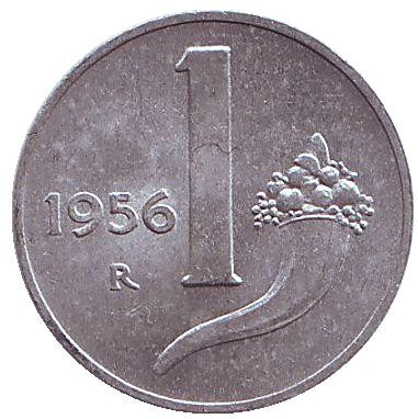 Монета 1 лира. 1956 год, Италия. aUNC. Рог изобилия.