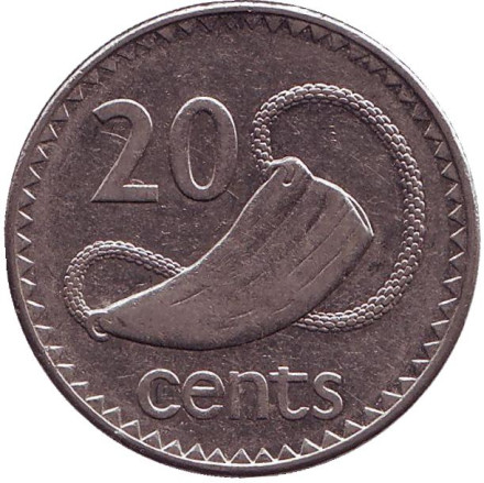 Монета 20 центов. 1996 год, Фиджи. Культовый атрибут Tabua (зуб кита) на плетеном шнурке.