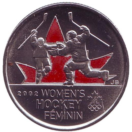 Монета 25 центов. 2009 год, Канада. (Цветная) Олимпийские игры в Солт-Лейк-Сити. Женский хоккей.