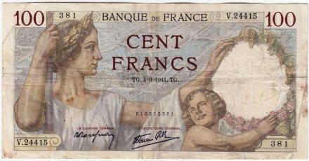 Банкнота 100 франков. 1941 год, Франция.