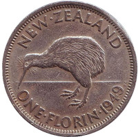 Киви (птица). Монета 1 флорин. 1949 год, Новая Зеландия. 