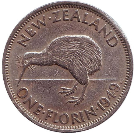 Монета 1 флорин. 1949 год, Новая Зеландия. Киви (птица).