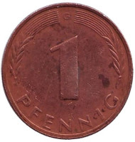 Монета 1 пфенниг. 1975 год (G), ФРГ. Дубовые листья. Монета 1 пфенниг. 1975 год (G), ФРГ. Дубовые листья.