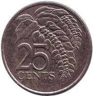 Монета 25 центов. 2005 год, Тринидад и Тобаго. Чакония. Монета 25 центов. 2005 год, Тринидад и Тобаго. Чакония.